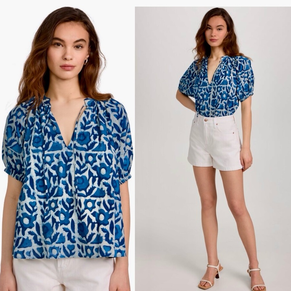 Apiece Apart Lumina Popover in Dabu Floral Indigo